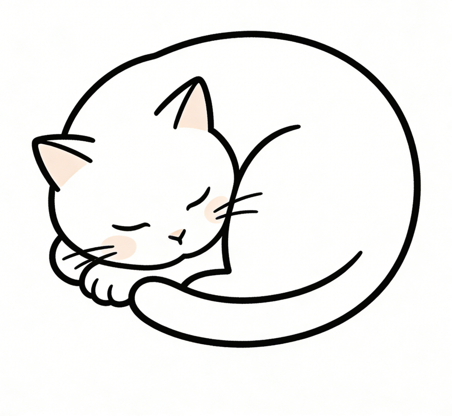 Sleepy cat curled up drawing idea